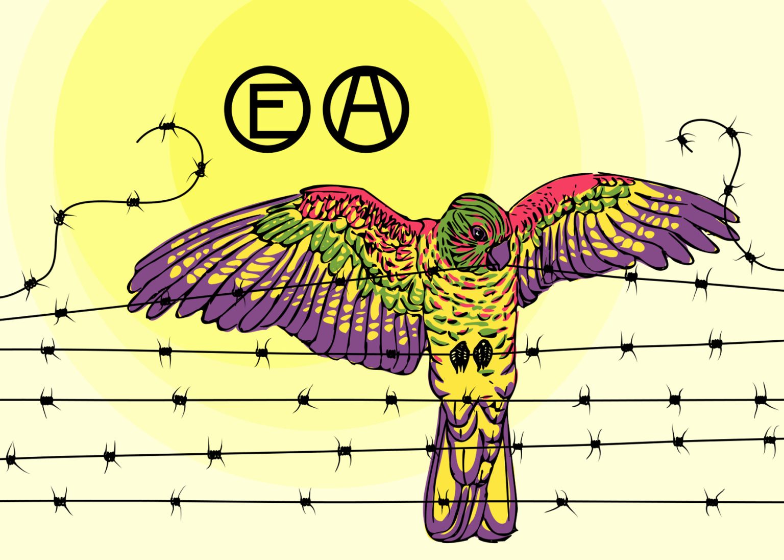 Bunter Vogel, der den Stacheldraht in zwei reißt. Dazu ein E und ein A im Kreis vor einem gelben Hintergrund.